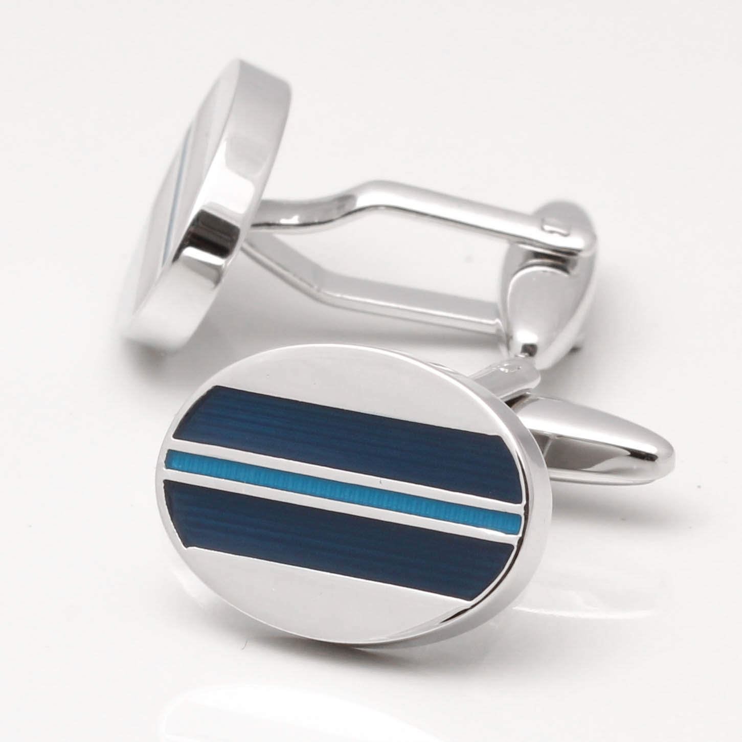 Oval Navy & Light Blue Enamel Stripe Cufflinks by Badger & BrownBadger