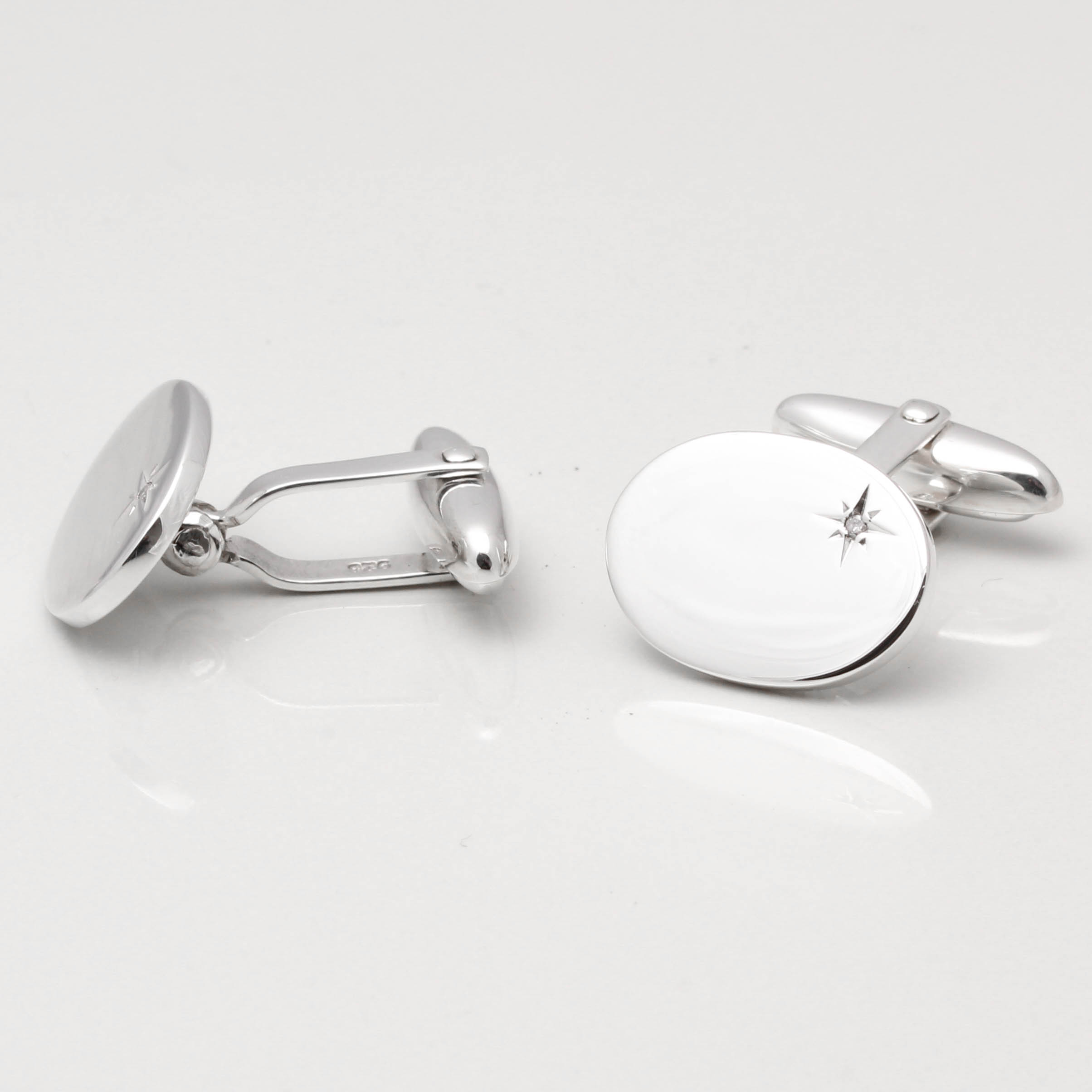 Sterling Silver Oval With Offset Diamond Cufflinks by Badger