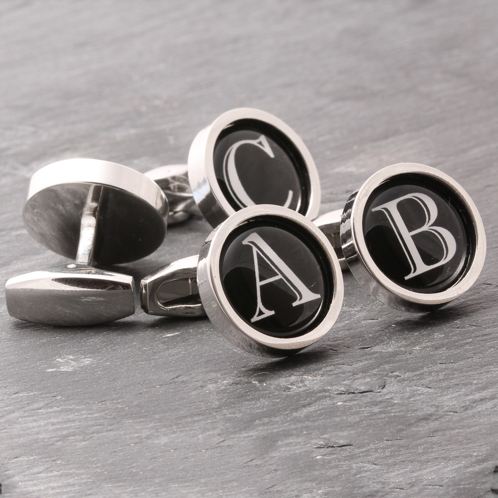 Black circular letter cufflinks by Badger & Brown. The Cufflink