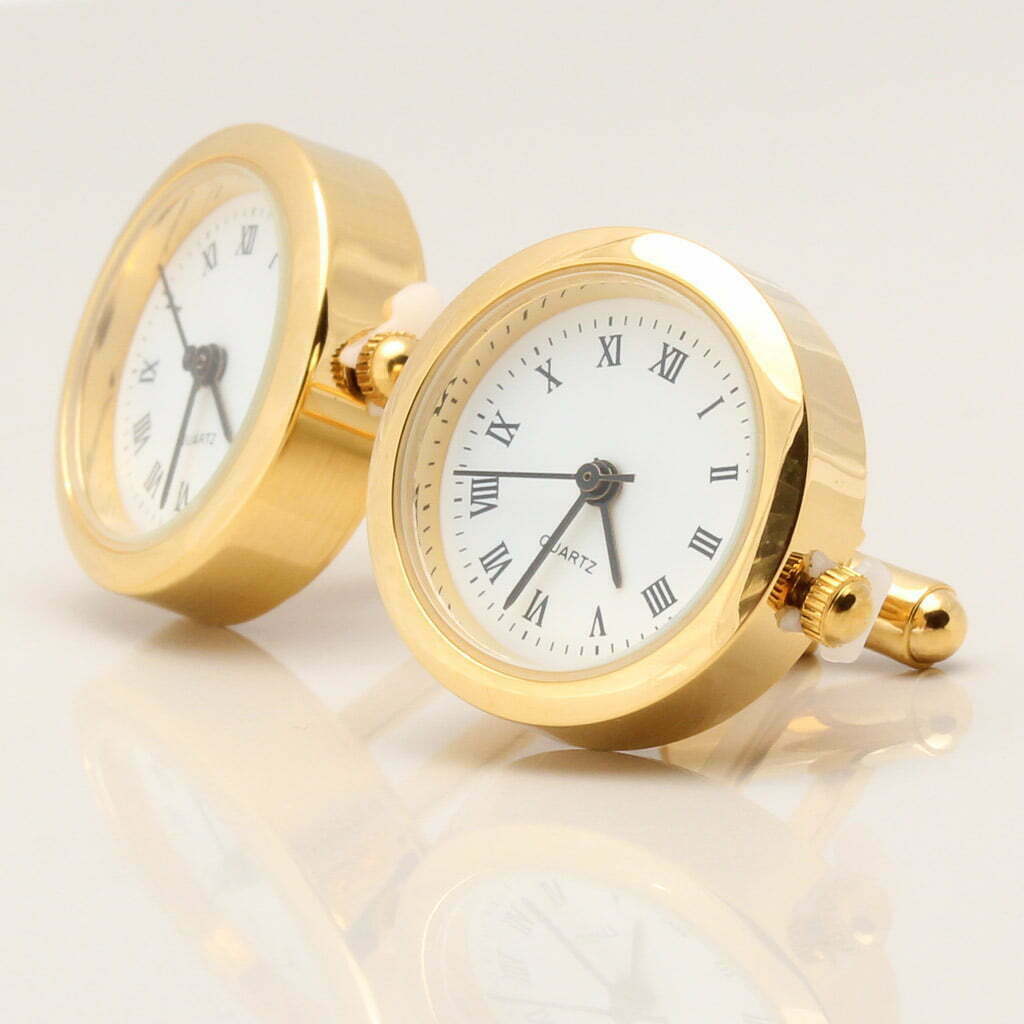 Gold real working clock cufflinks by Badger & Brown. Cufflink