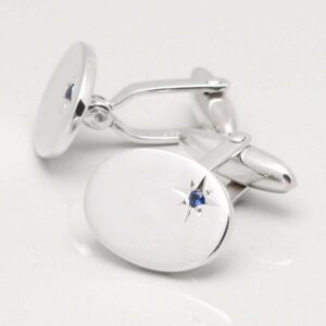 Sterling Silver Oval With Offset Sapphire Cufflinks
