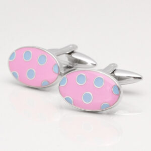 Pink Oval Cufflinks with Sky Blue Polka Dots