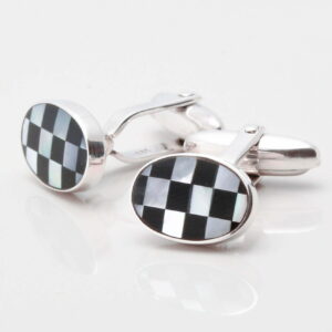Sterling Silver Mother of Pearl and Onyx Oval Cufflinks